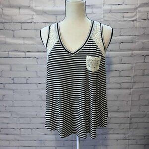American Rag Black White Striped Lace Tank Top L Boho Summer Chic Sleeveless